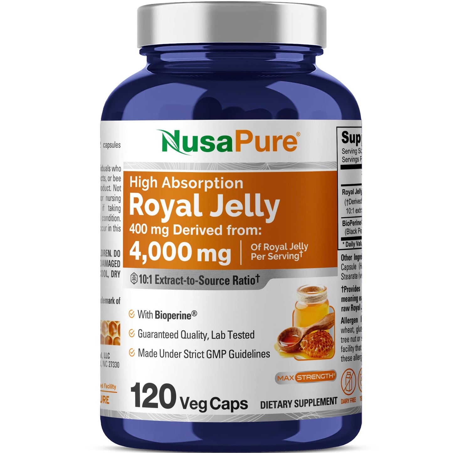 NusaPure Royal Jelly 10:1 Extract, 400 mg Equivalent to 4000mg - 120 Veggie Capsules (Non-GMO, Dairy Free, Dietary Supplement) - Maple Wellness Supplements