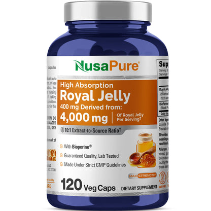 NusaPure Royal Jelly 10:1 Extract, 400 mg Equivalent to 4000mg - 120 Veggie Capsules (Non-GMO, Dairy Free, Dietary Supplement) - Maple Wellness Supplements