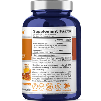 NusaPure Royal Jelly 10:1 Extract, 400 mg Equivalent to 4000mg - 120 Veggie Capsules (Non-GMO, Dairy Free, Dietary Supplement) - Maple Wellness Supplements