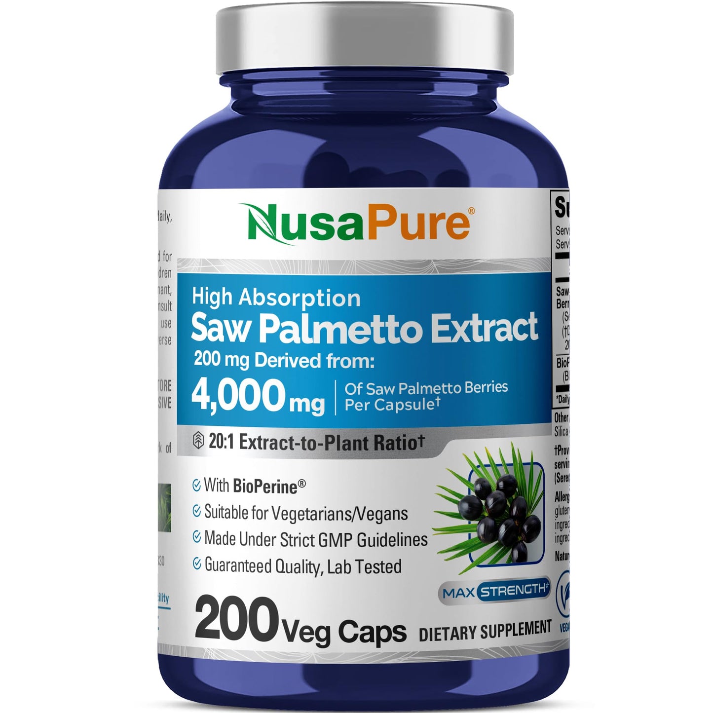 NusaPure Saw Palmetto 20:1 Extract, 200 mg Equivalent to 4,000 mg per Veggie Caps 200 Count Non-GMO, Vegan, Vegetarian, Bioperine - Maple Wellness Supplements