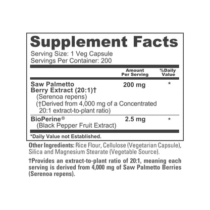 NusaPure Saw Palmetto 20:1 Extract, 200 mg Equivalent to 4,000 mg per Veggie Caps 200 Count Non-GMO, Vegan, Vegetarian, Bioperine - Maple Wellness Supplements