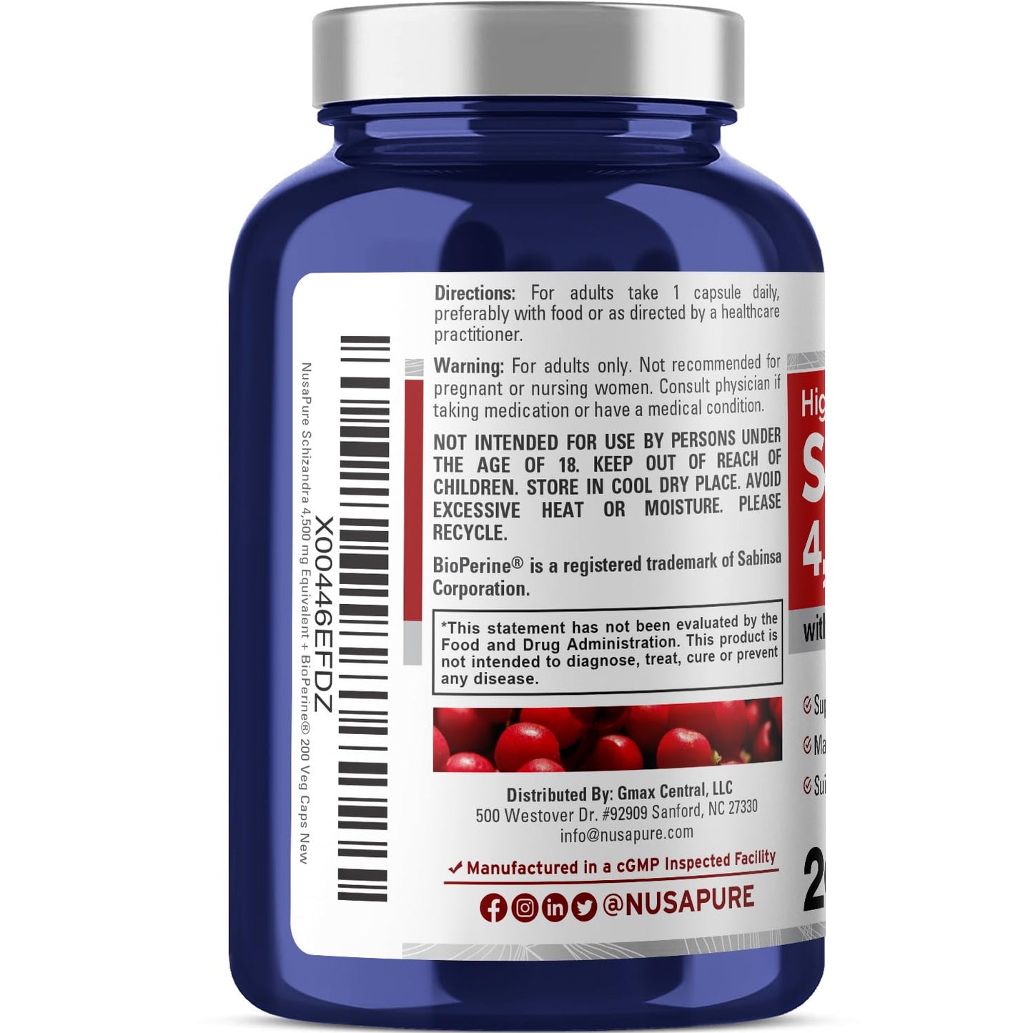 NusaPure Schizandra Berries 20:1 Extract, 225 mg Equivalent to 4500mg, 200 Vegan Capsules (Non-GMO, Bioperine) - Maple Wellness Supplements