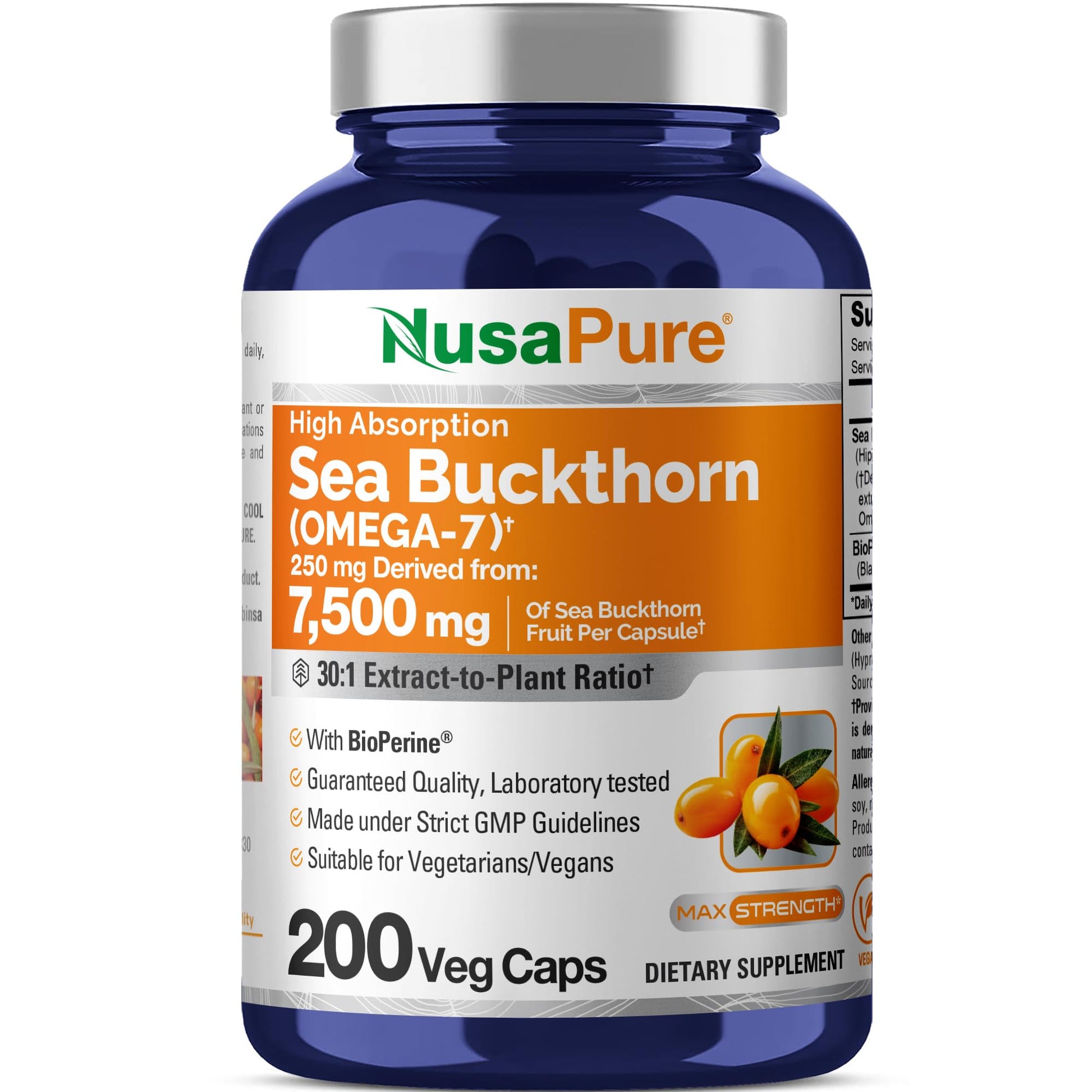NusaPure Sea Buckthorn Omega-7 30:1 Extract, 250 mg Equivalent to 7,500mg per Veggie Caps - 200 Capsules - Non-GMO & Vegan - Maple Wellness Supplements