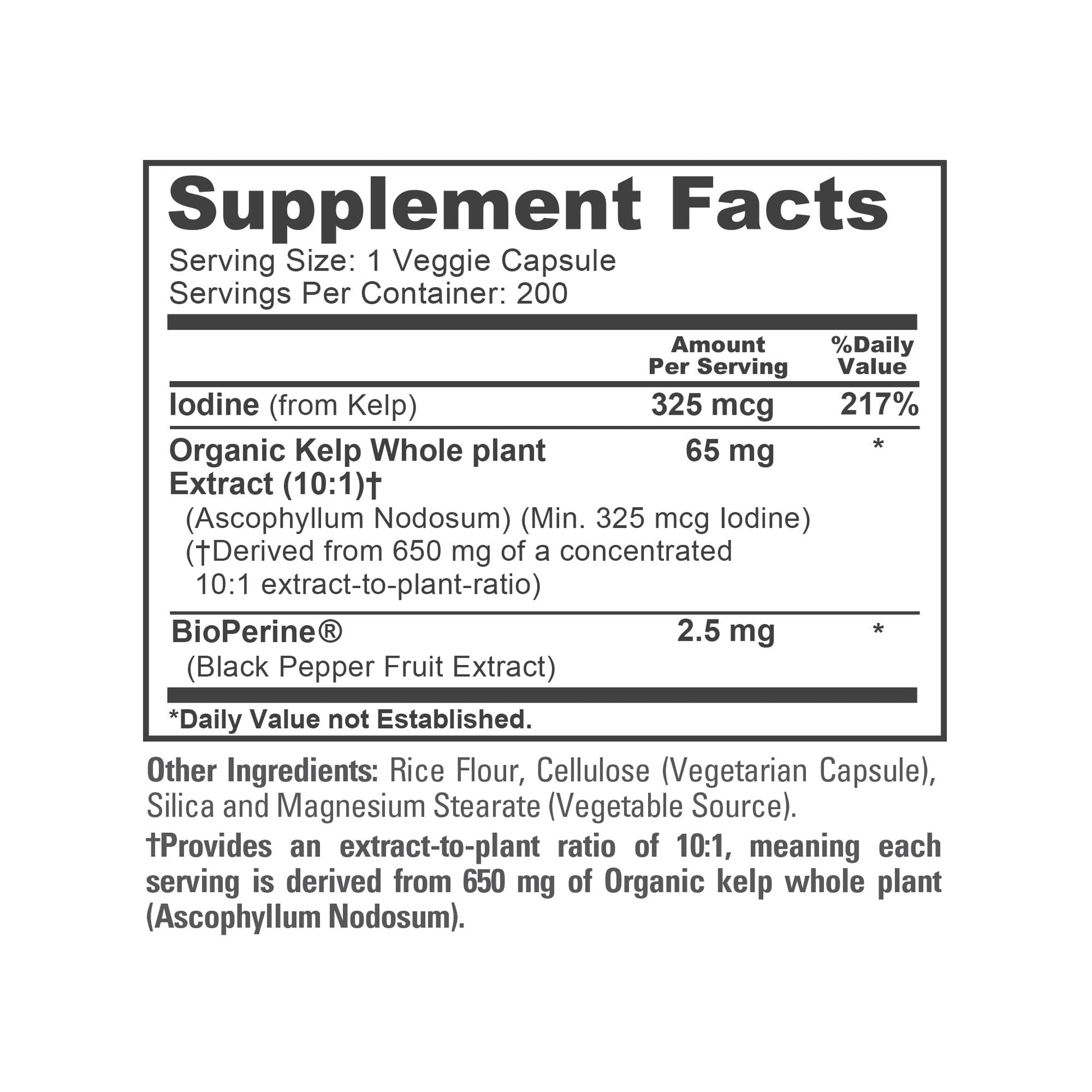NusaPure Sea Kelp Natural Iodine 325mcg 10:1 Extract, 65 mg Equivalent to 650 mg Capsule 200 Count (Non-GMO, Vegan) - Maple Wellness Supplements