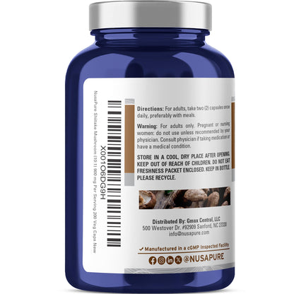 NusaPure Shiitake Mushroom 10:1 Extract, 900 mg Equivalent to 9000mg 200 Veggie Capsules (Non-GMO, Vegan) - Maple Wellness Supplements