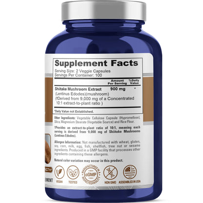 NusaPure Shiitake Mushroom 10:1 Extract, 900 mg Equivalent to 9000mg 200 Veggie Capsules (Non-GMO, Vegan) - Maple Wellness Supplements