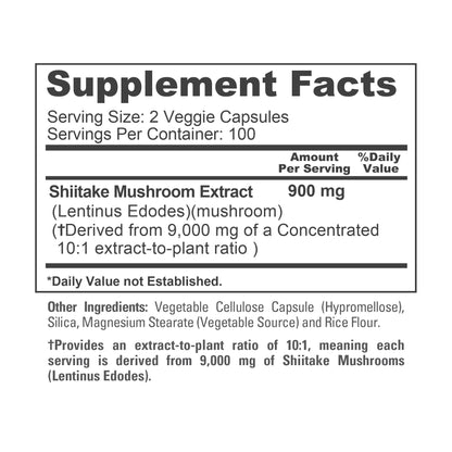 NusaPure Shiitake Mushroom 10:1 Extract, 900 mg Equivalent to 9000mg 200 Veggie Capsules (Non-GMO, Vegan) - Maple Wellness Supplements