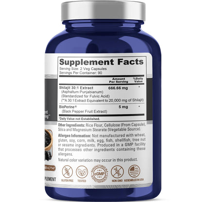 NusaPure Shilajit 20,000mg per Serving, 180 Veggie Caps, Non-GMO, Gluten Free, Bioperine - Maple Wellness Supplements