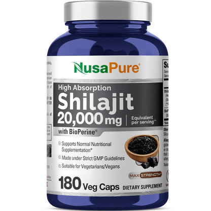 NusaPure Shilajit 20,000mg per Serving, 180 Veggie Caps, Non-GMO, Gluten Free, Bioperine - Maple Wellness Supplements