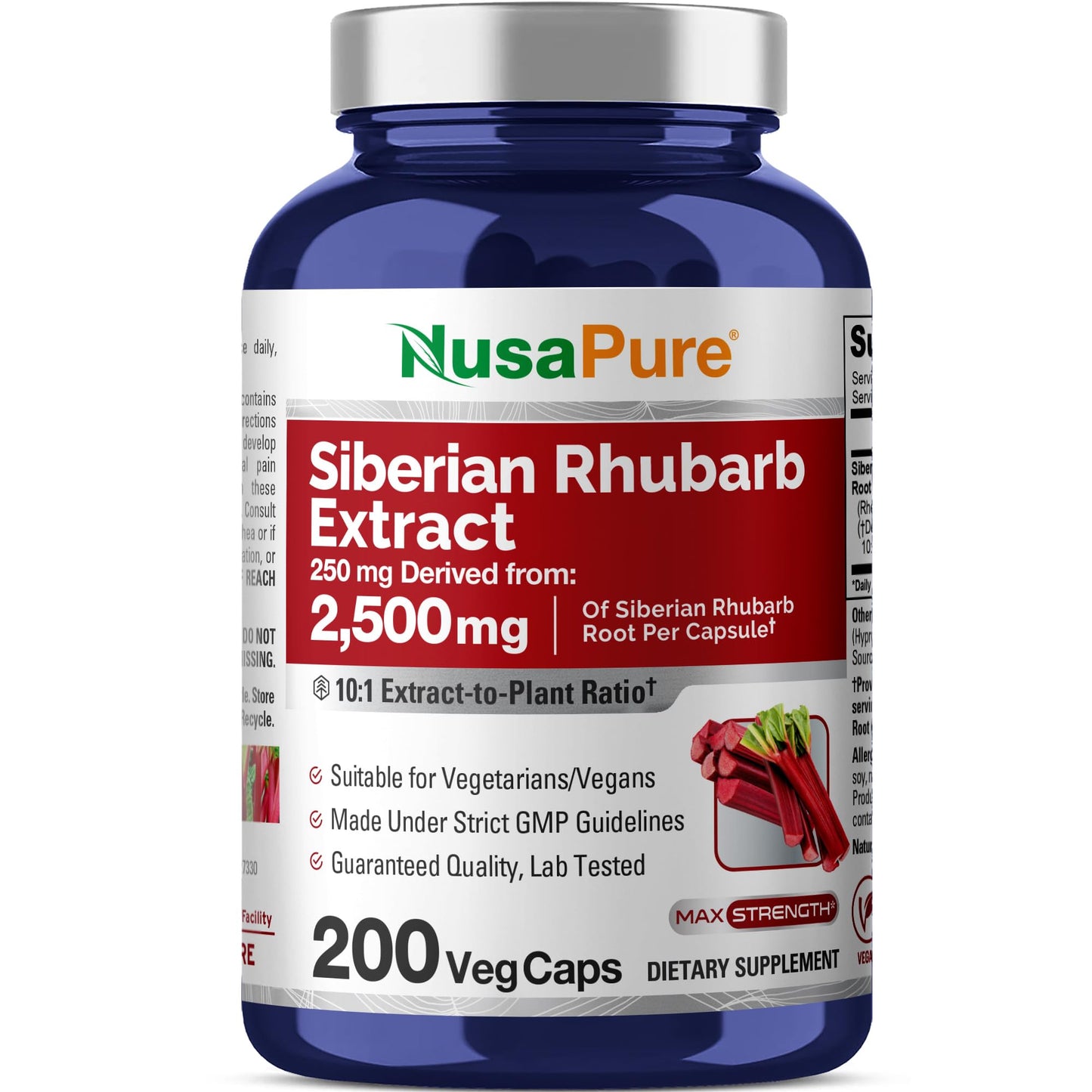 NusaPure Siberian Rhubarb 10:1 Extract, 250 mg Equivalent to 2,500mg - 200 Veggie Capsules (Vegetarian, Non-GMO, Vegan) - Maple Wellness Supplements
