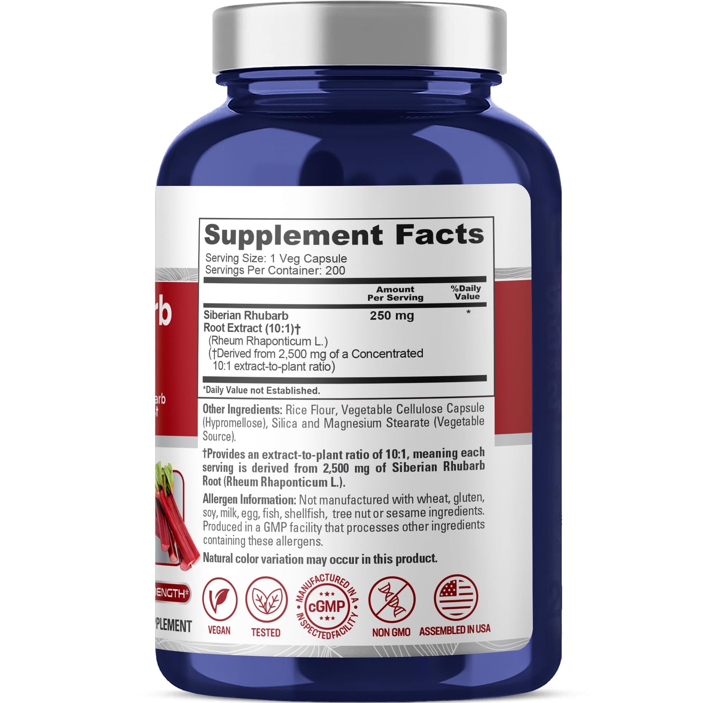 NusaPure Siberian Rhubarb 10:1 Extract, 250 mg Equivalent to 2,500mg - 200 Veggie Capsules (Vegetarian, Non-GMO, Vegan) - Maple Wellness Supplements