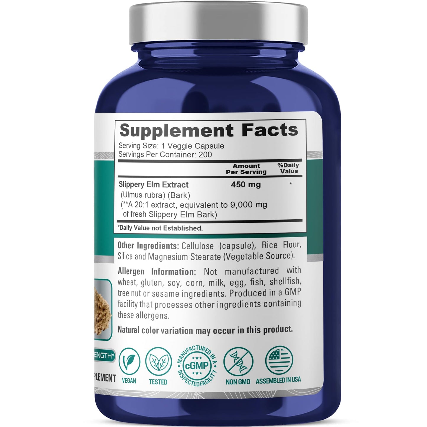 NusaPure Slippery Elm Bark 20:1 Extract, 450 mg Equivalent to 9,000mg 200 Veggie Capsules (Non-GMO, Vegan) - Maple Wellness Supplements