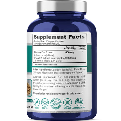 NusaPure Slippery Elm Bark 20:1 Extract, 450 mg Equivalent to 9,000mg 200 Veggie Capsules (Non-GMO, Vegan) - Maple Wellness Supplements