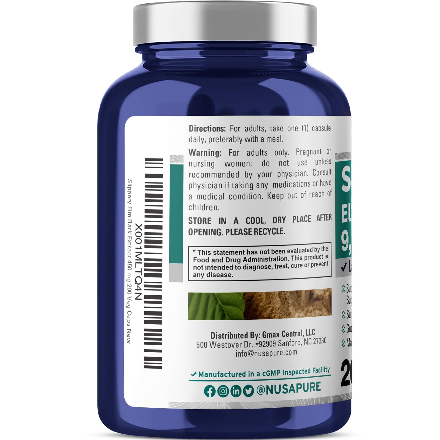 NusaPure Slippery Elm Bark 20:1 Extract, 450 mg Equivalent to 9,000mg 200 Veggie Capsules (Non-GMO, Vegan) - Maple Wellness Supplements