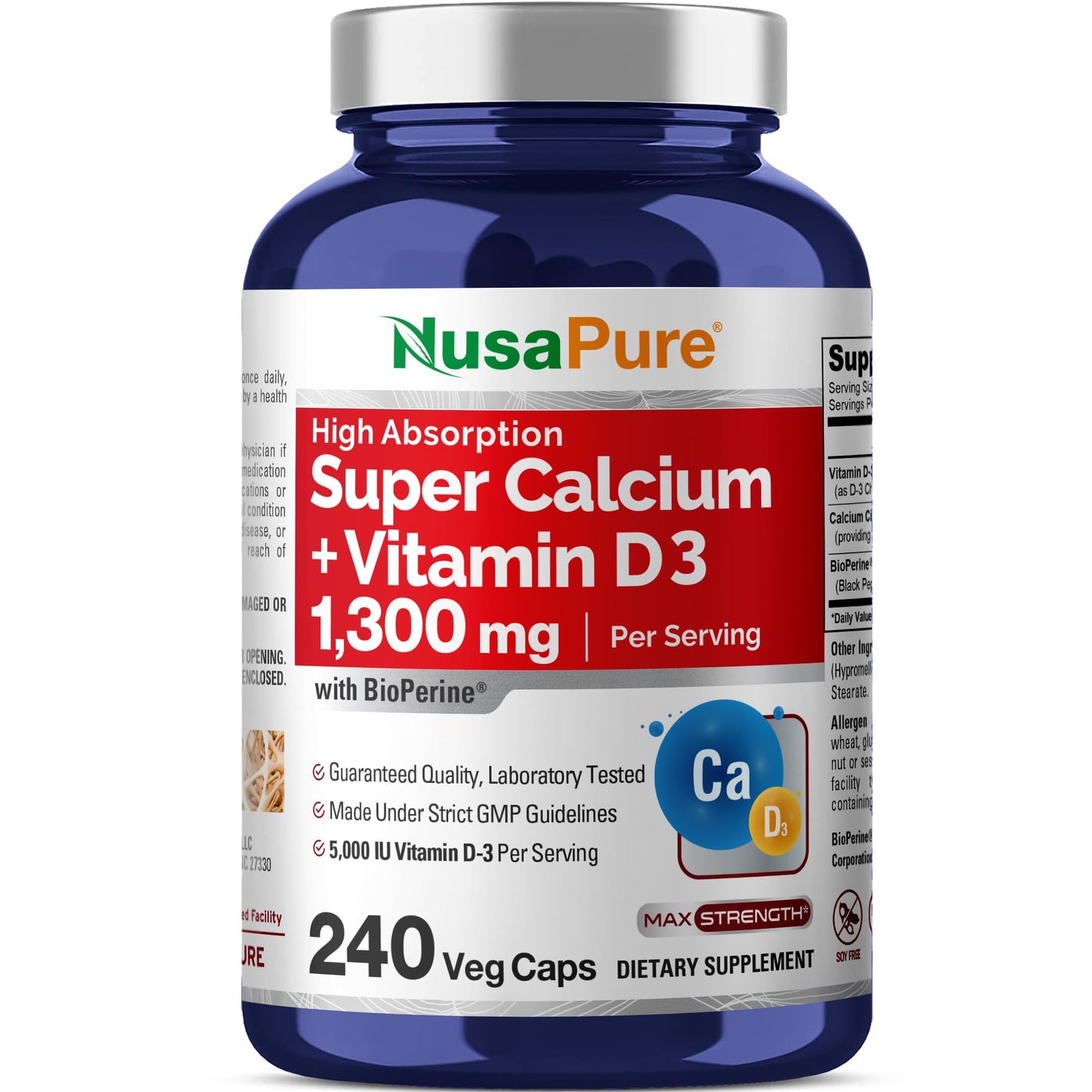 NusaPure Super Calcium with Vitamin D 3 & Calcium Citrate - Suitable for Vegetarian/Vegan, Non - GMO - 1300mg - 240 Capsules - Maple Wellness Supplements