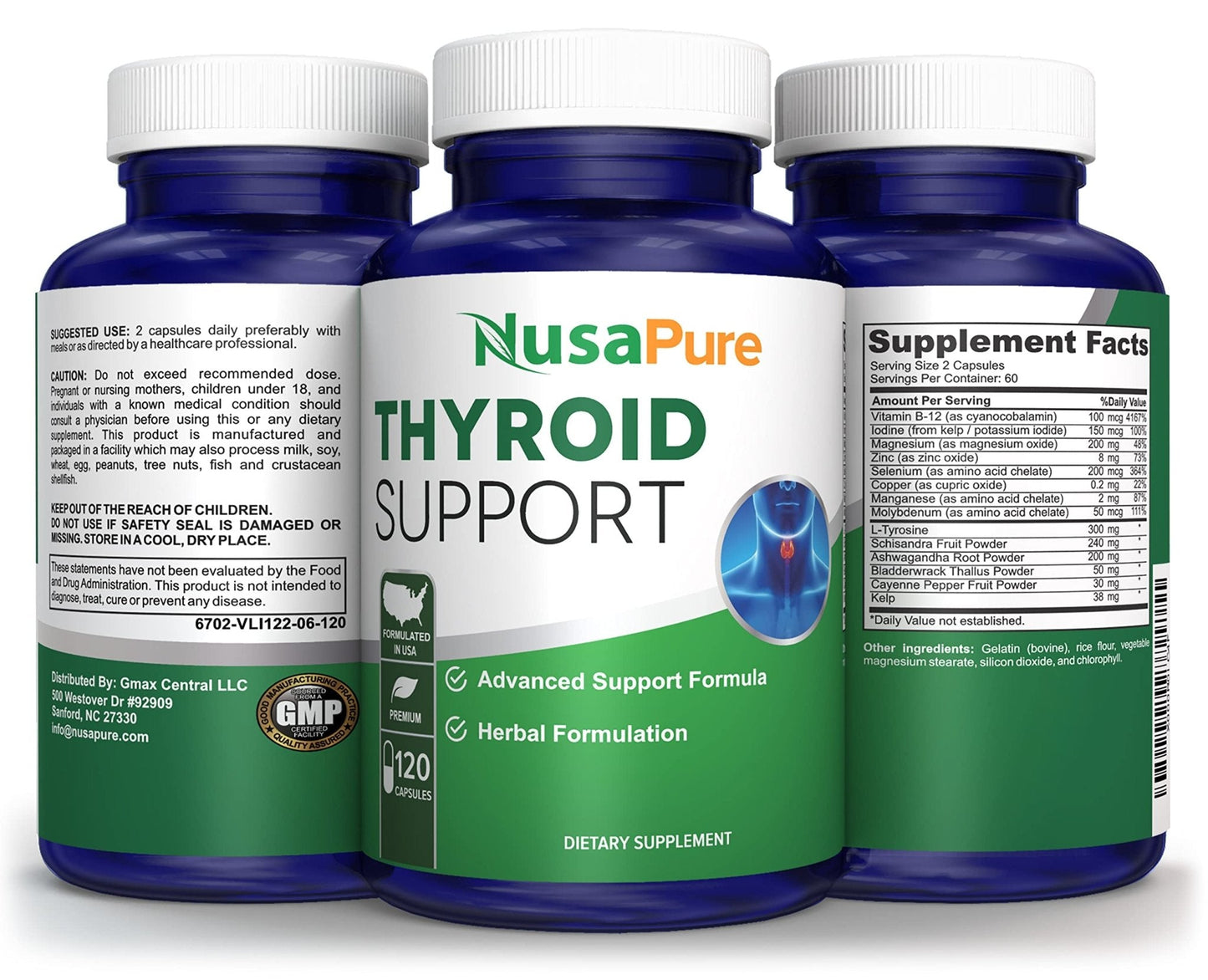 NusaPure Thyroid Support Supplement (Non-GMO) 120 caps, Ashwaganda, Iodine, Zinc, kelp, Vitamin B12, L-Tyrosine, Selenium, Copper - Maple Wellness Supplements