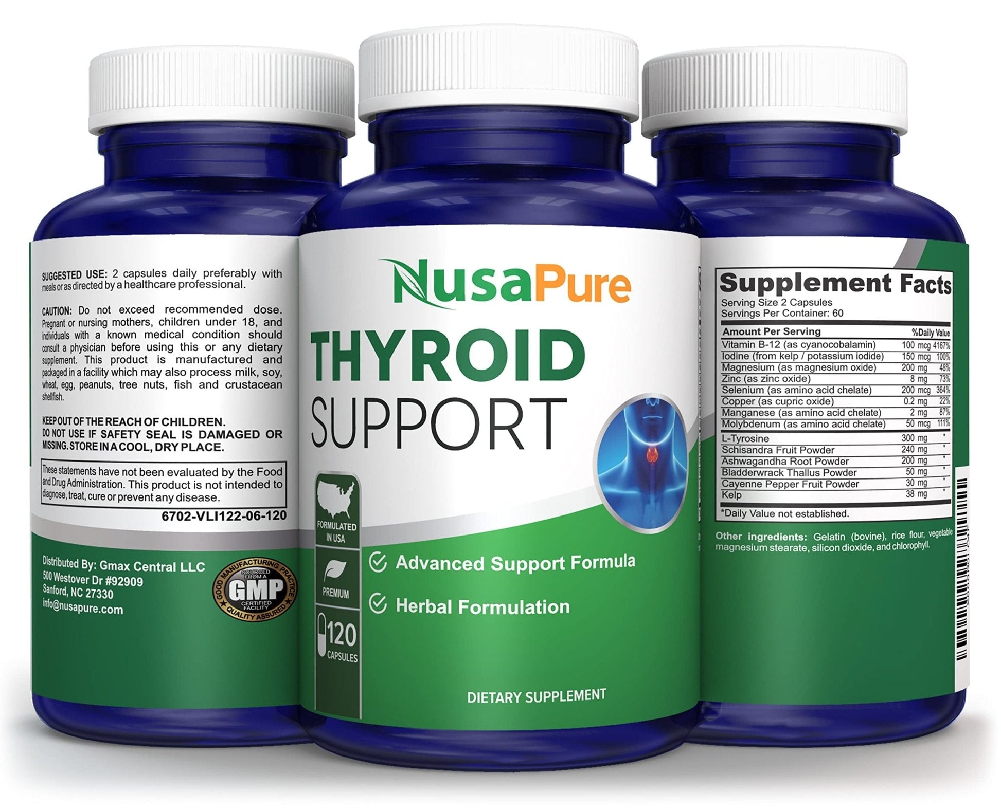 NusaPure Thyroid Support Supplement (Non-GMO) 120 caps, Ashwaganda, Iodine, Zinc, kelp, Vitamin B12, L-Tyrosine, Selenium, Copper - Maple Wellness Supplements