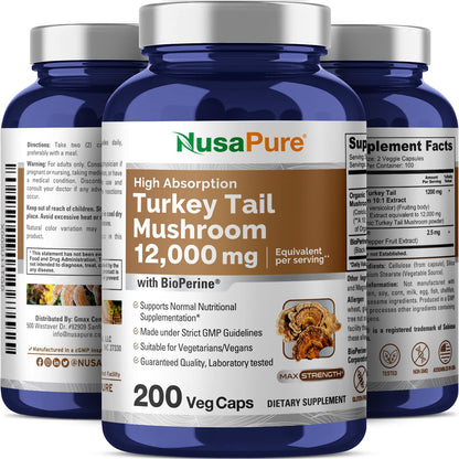 NusaPure Turkey Tail Mushroom Capsules, 10:1 Extract, 1200 mg Equivalent to 12,000mg, 200 Vcaps, Non-GMO, Gluten Free, Bioperine - Maple Wellness Supplements