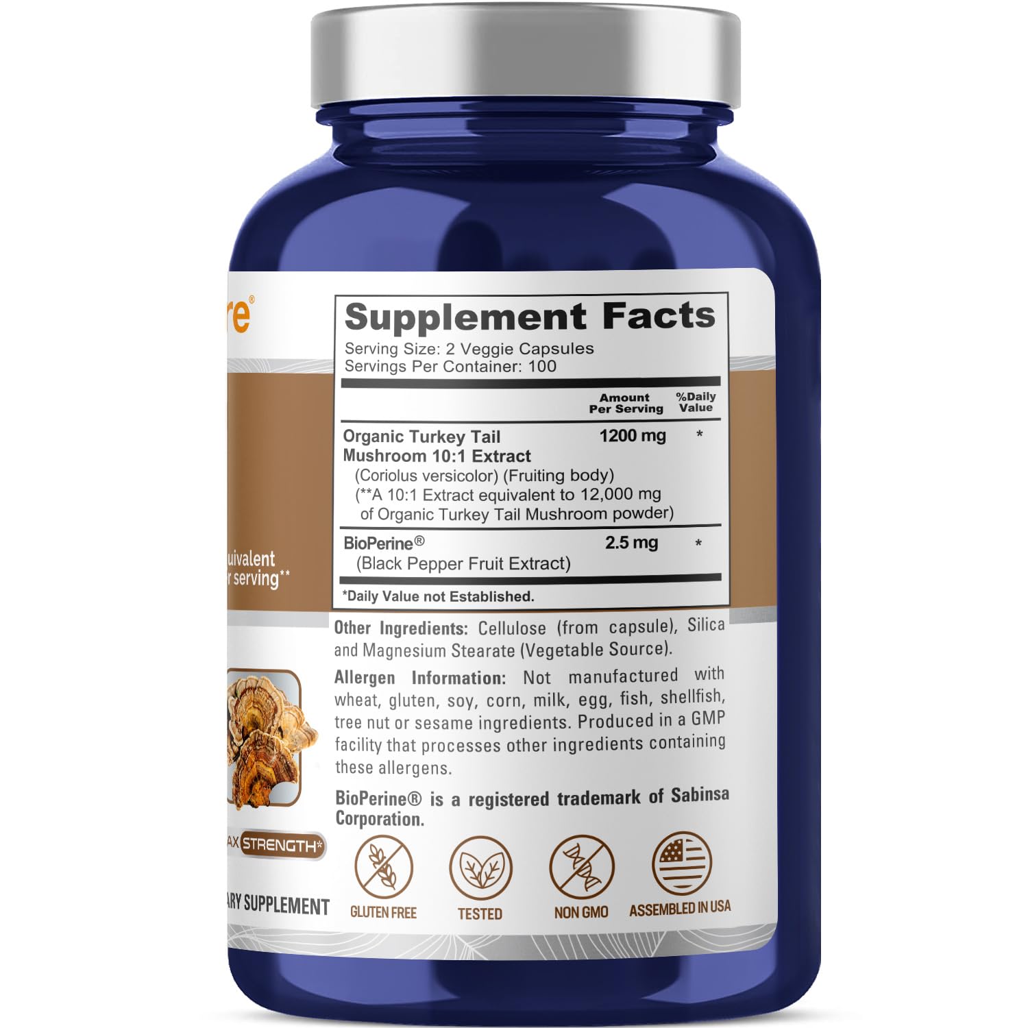 NusaPure Turkey Tail Mushroom Capsules, 10:1 Extract, 1200 mg Equivalent to 12,000mg, 200 Vcaps, Non-GMO, Gluten Free, Bioperine - Maple Wellness Supplements