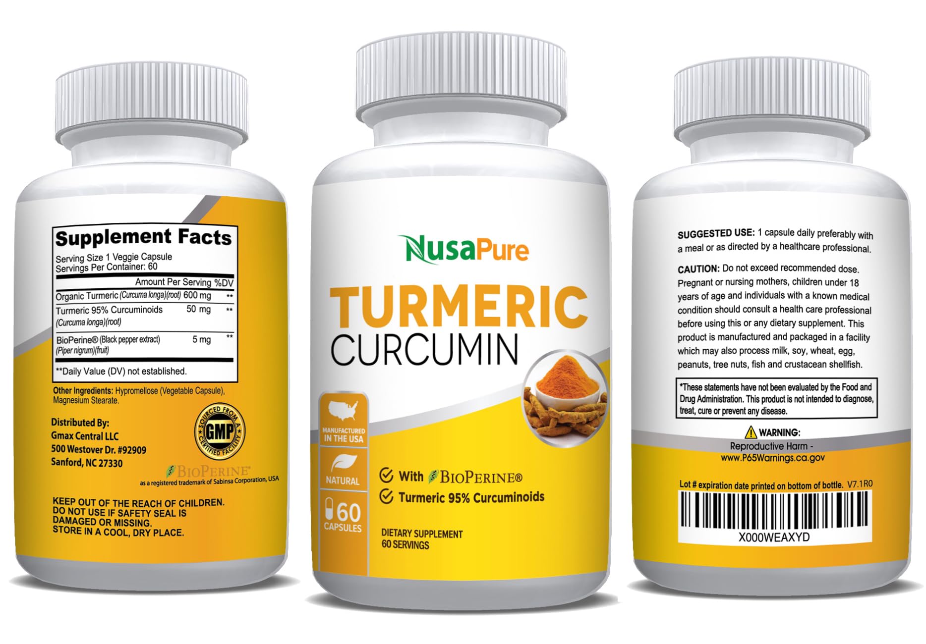 NusaPure Turmeric Curcumin 600 mg 60 Capsules Turmeric 95% Curcuminoids Dietary Supplement - Maple Wellness Supplements