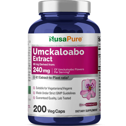 NusaPure Umckaloabo 4:1 Extract, 60 mg Equivalent to 240 mg Veggie Caps 200 Count (Non-GMO, Vegan) - Maple Wellness Supplements