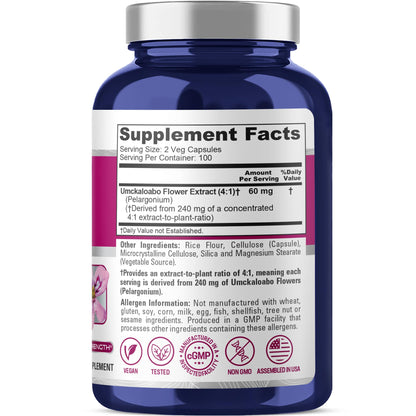 NusaPure Umckaloabo 4:1 Extract, 60 mg Equivalent to 240 mg Veggie Caps 200 Count (Non-GMO, Vegan) - Maple Wellness Supplements