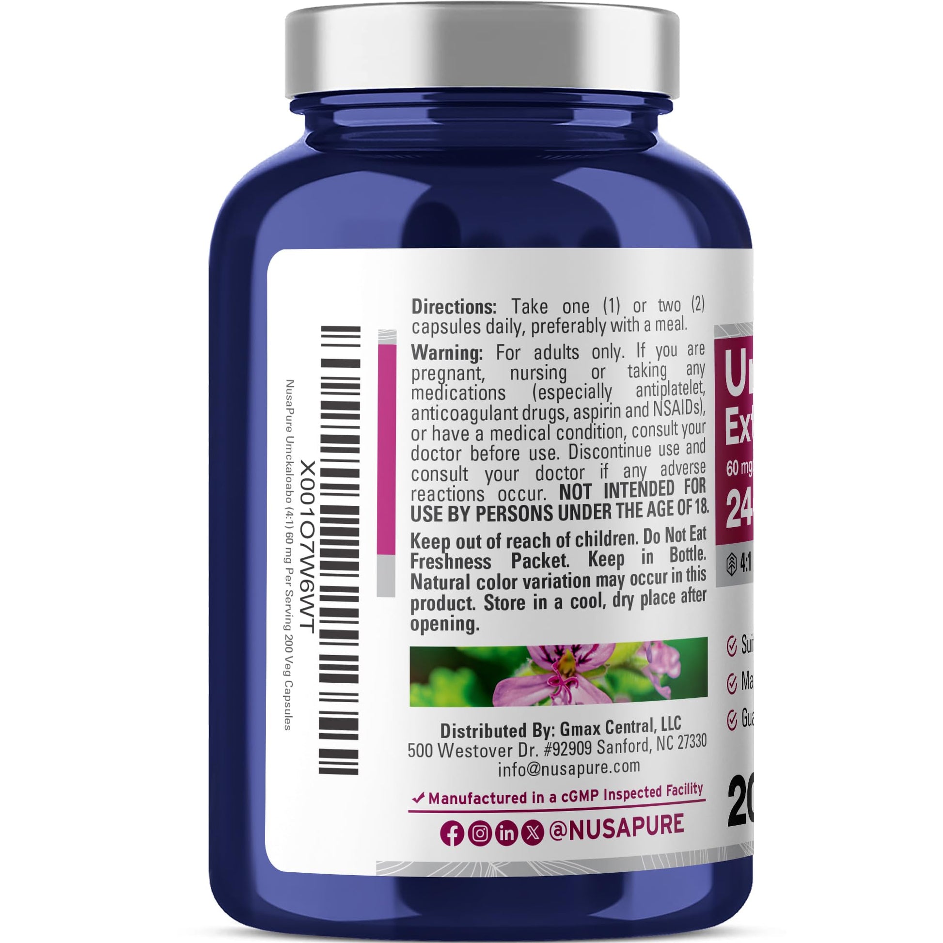 NusaPure Umckaloabo 4:1 Extract, 60 mg Equivalent to 240 mg Veggie Caps 200 Count (Non-GMO, Vegan) - Maple Wellness Supplements