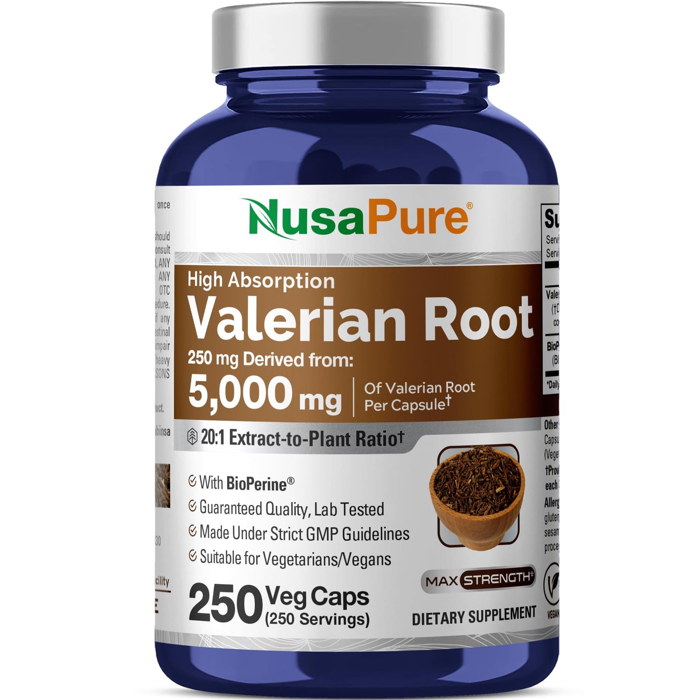 NusaPure Valerian Root 20:1 Extract, 250 mg Equivalent to 5000mg Per Veggie Caps, 250 Count, Vegan, Non-GMO, Bioperine - Maple Wellness Supplements