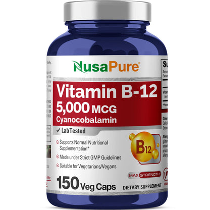 NusaPure Vitamin B12-5000 MCG 150 Veggie Capsules (Non-GMO, Vegan) - Max Strength Vitamin B12 - Maple Wellness Supplements