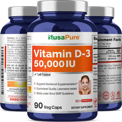 NusaPure Vitamin D3 50,000 IU 90 Veggie Capsules (Non-GMO & Vegan) - Maple Wellness Supplements