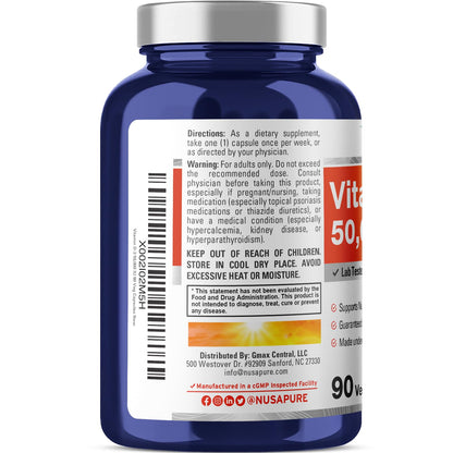NusaPure Vitamin D3 50,000 IU 90 Veggie Capsules (Non-GMO & Vegan) - Maple Wellness Supplements