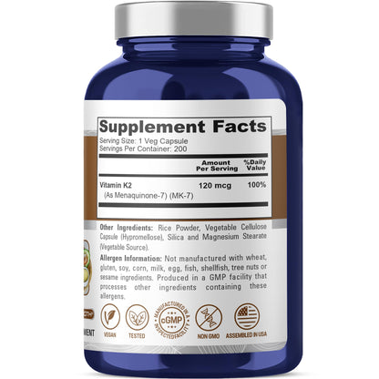 NusaPure Vitamin K2 MK7 120 mcg 200 Veggie Caps (Soy Free, Non-GMO, Vegan) - Maple Wellness Supplements
