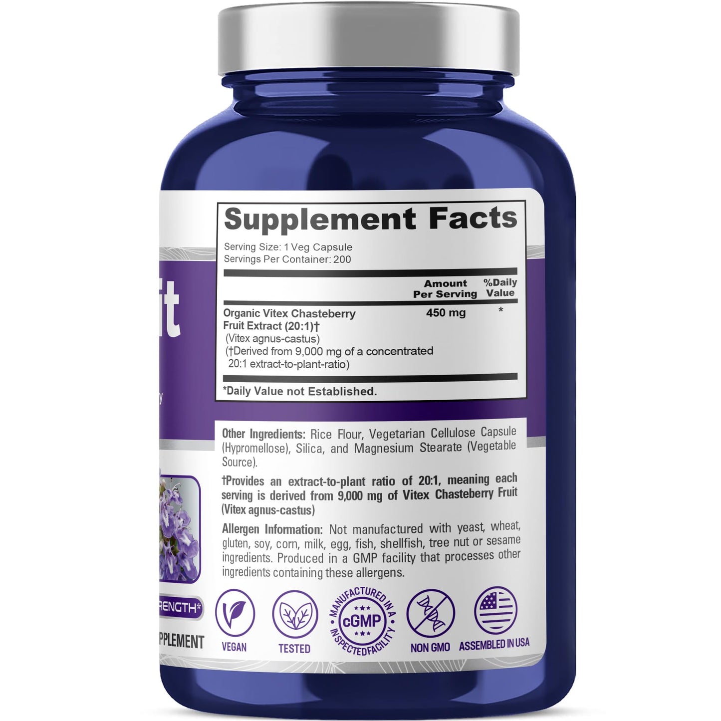 NusaPure Vitex Chasteberry Fruit 20:1 Extract, 450 mg Equivalent to 9,000 mg 200 Vegan Capsules - Non-GMO, Vegan Dietary Supplement - Maple Wellness Supplements