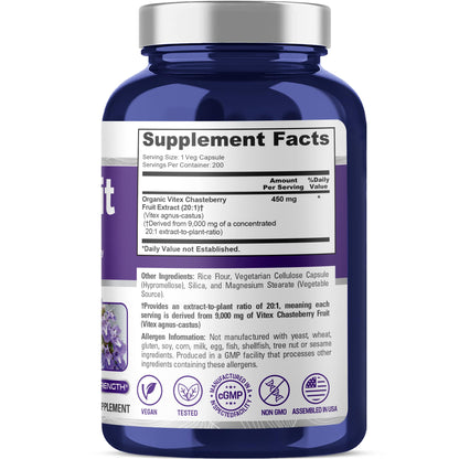 NusaPure Vitex Chasteberry Fruit 20:1 Extract, 450 mg Equivalent to 9,000 mg 200 Vegan Capsules - Non-GMO, Vegan Dietary Supplement - Maple Wellness Supplements