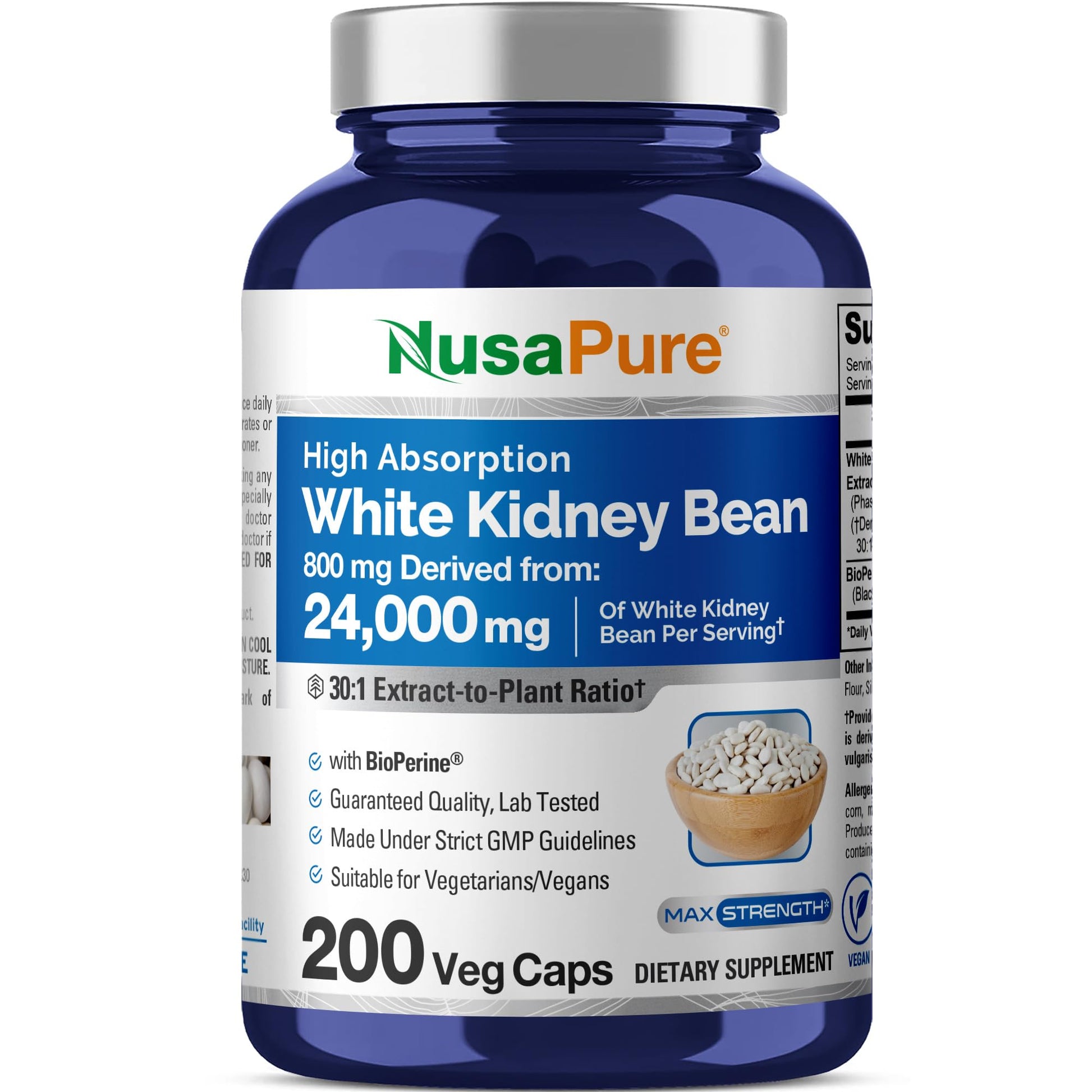 NusaPure White Kidney Beans 30:1 Extract, 800 mg Equivalent to 24,000 mg 200 Vegan Capsules - Bioperine - (Vegan, Non-GMO) - Maple Wellness Supplements