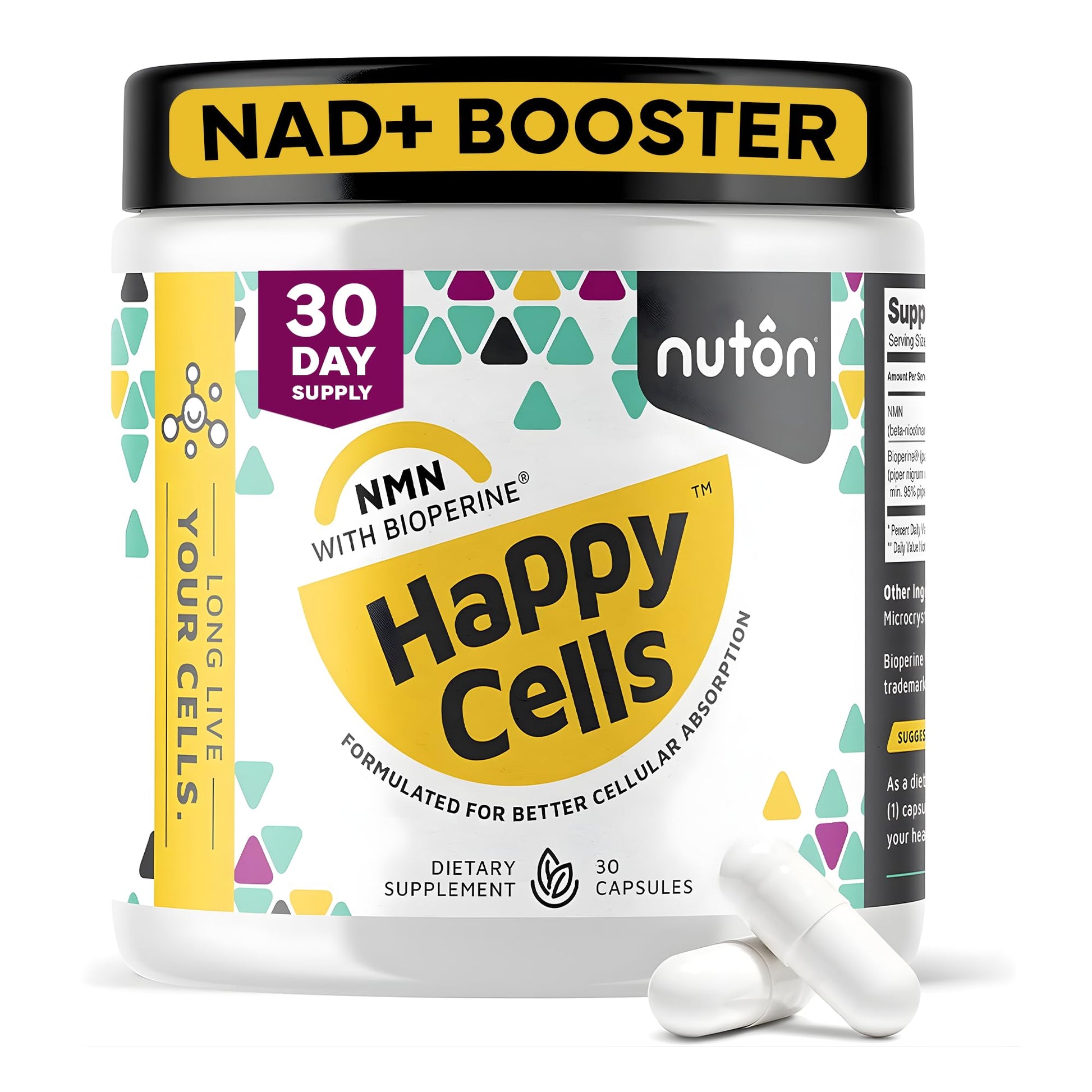 Nuton Happy Cells - NMN Supplement with Bioperine for Healthy Aging & Cellular Repair - NAD+ Supplement - Protects DNA, Promotes Skin Health & Brain Function - Maple Wellness Supplements