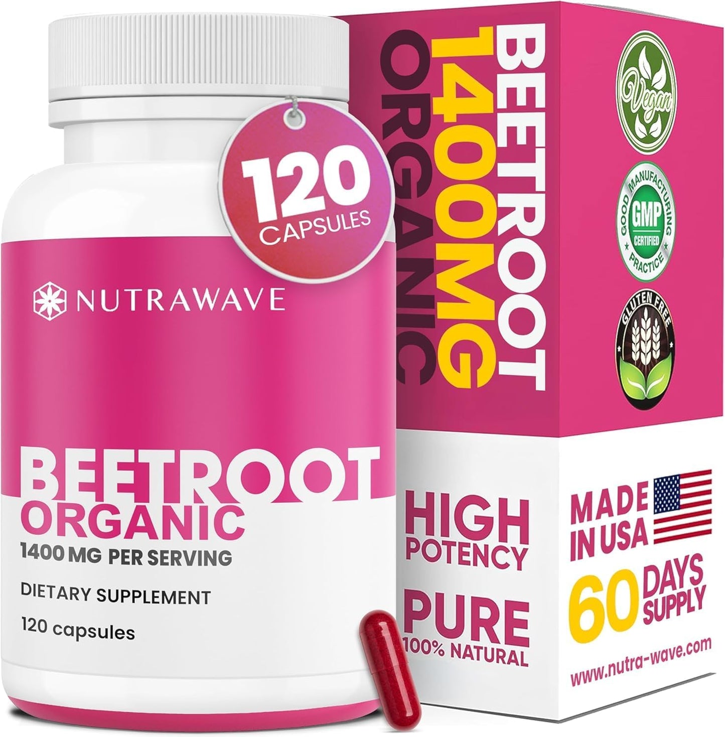 Nutra Wave 1400mg Organic Beet Root Capsules Per Serving – Nitric Oxide Booster for Men – Supports Blood Pressure, Energy, Circulation & Heart Health – Non-GMO, Vegan – 120 Capsules / 60 Day Supply - Maple Wellness Supplements