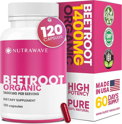 Nutra Wave 1400mg Organic Beet Root Capsules Per Serving – Nitric Oxide Booster for Men – Supports Blood Pressure, Energy, Circulation & Heart Health – Non-GMO, Vegan – 120 Capsules / 60 Day Supply - Maple Wellness Supplements
