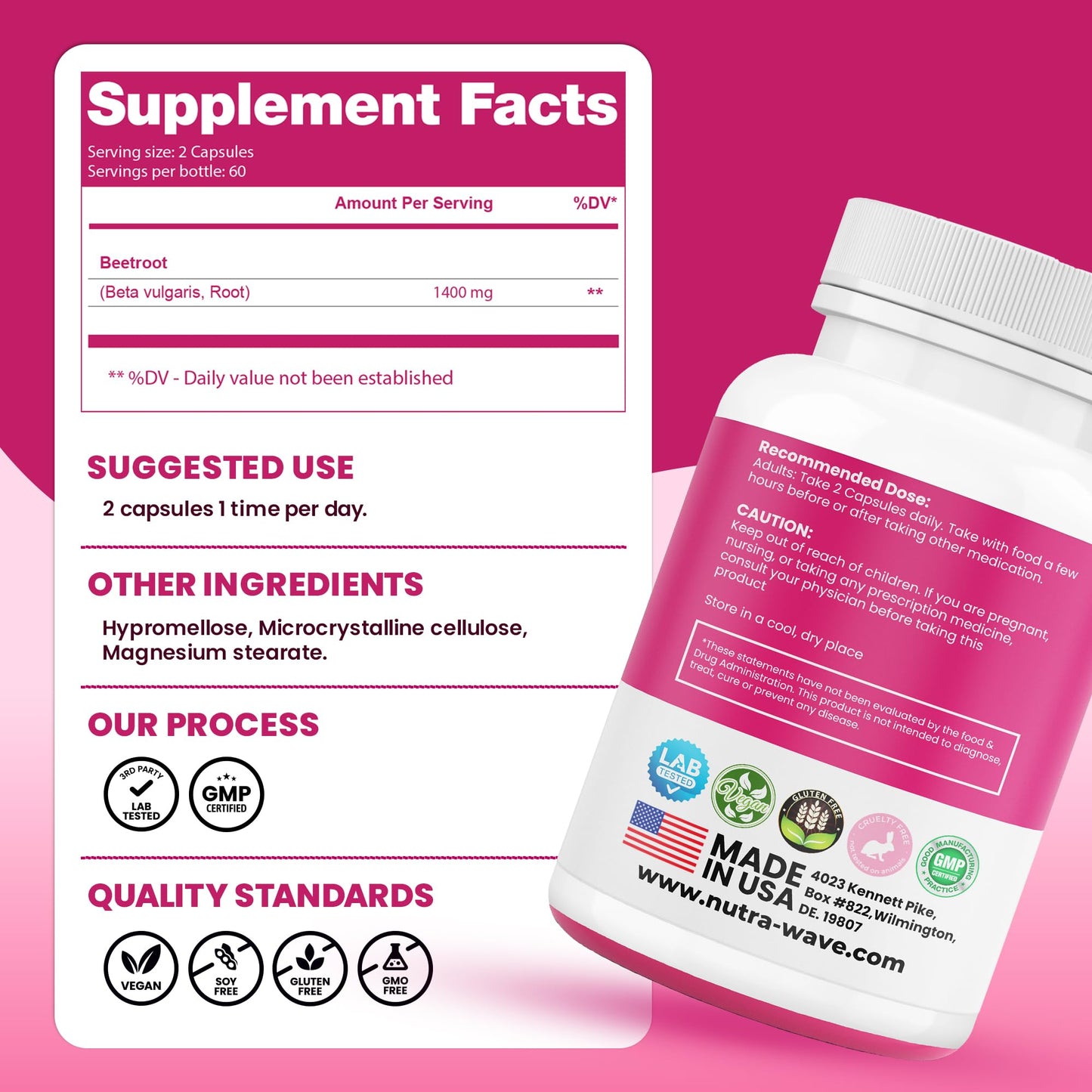 Nutra Wave 1400mg Organic Beet Root Capsules Per Serving – Nitric Oxide Booster for Men – Supports Blood Pressure, Energy, Circulation & Heart Health – Non-GMO, Vegan – 120 Capsules / 60 Day Supply - Maple Wellness Supplements
