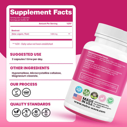 Nutra Wave 1400mg Organic Beet Root Capsules Per Serving – Nitric Oxide Booster for Men – Supports Blood Pressure, Energy, Circulation & Heart Health – Non-GMO, Vegan – 120 Capsules / 60 Day Supply - Maple Wellness Supplements