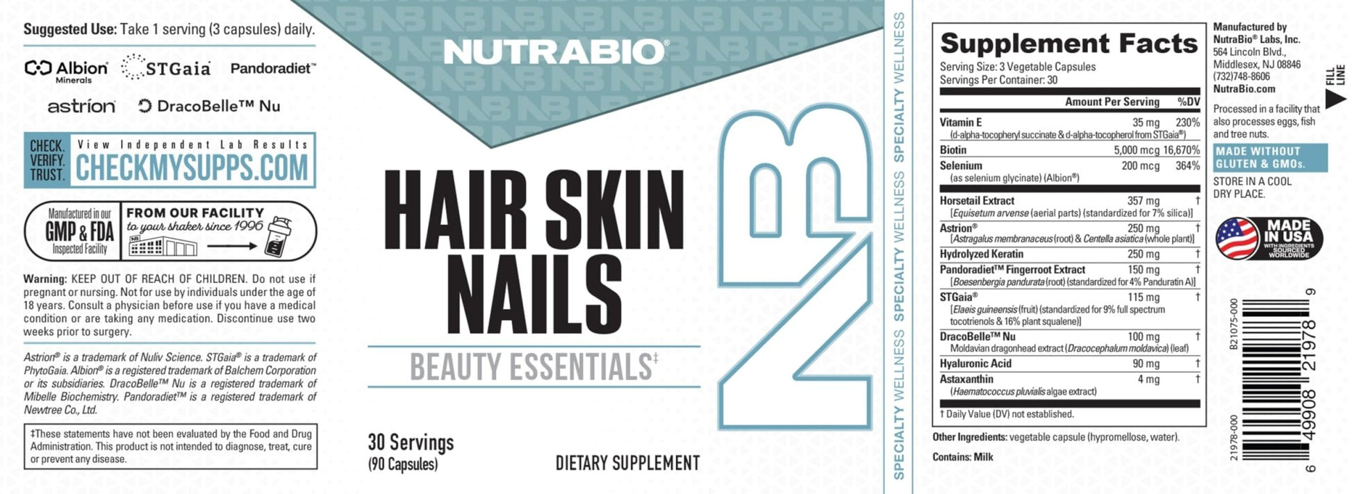 NutraBio Hair Skin Nails Vitamins | Enhanced Collagen Support | Skin Hydration | Hair Growth Vitamins for Women with Biotin, Keratin, Hyaluronic Acid & More - 90 Capsules - Maple Wellness Supplements