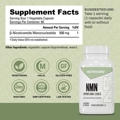 NutraBio NMN - NAD Supplement, Longevity Support, Boost NAD Levels, Increase Cellular Energy, Brain Health, Healthy Aging- 60 Servings- 60 Capsules - Maple Wellness Supplements