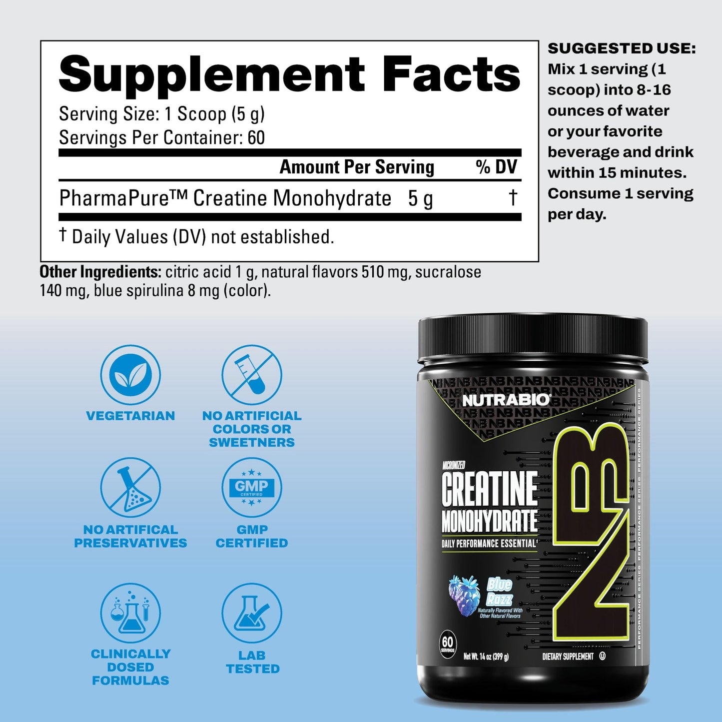 NutraBio Pure Micronized Creatine Monohydrate Powder Supplement, Blue Razz (300 g) - Supports Bulk Muscle Energy, Recovery, and Strength - HPLC Tested Creatine Powder Supplement for Men and Women - Maple Wellness Supplements