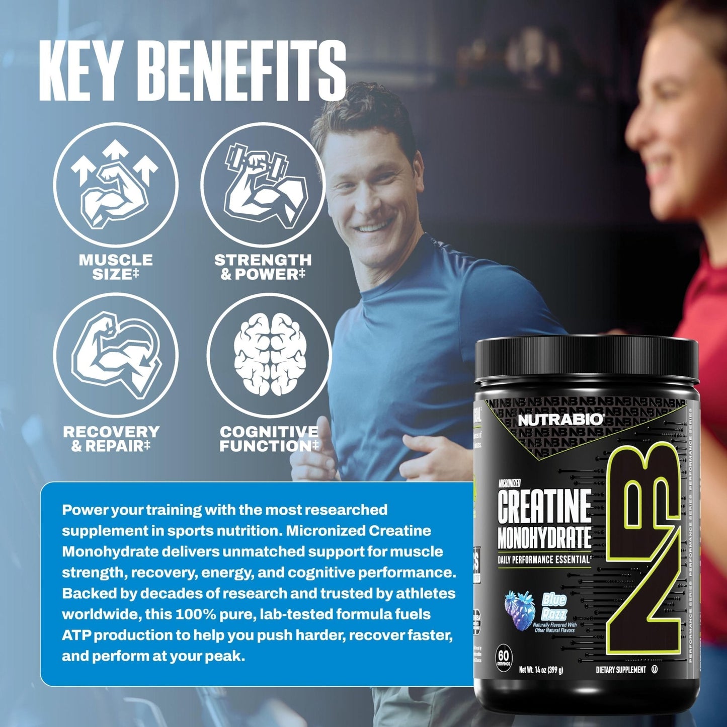NutraBio Pure Micronized Creatine Monohydrate Powder Supplement, Blue Razz (300 g) - Supports Bulk Muscle Energy, Recovery, and Strength - HPLC Tested Creatine Powder Supplement for Men and Women - Maple Wellness Supplements