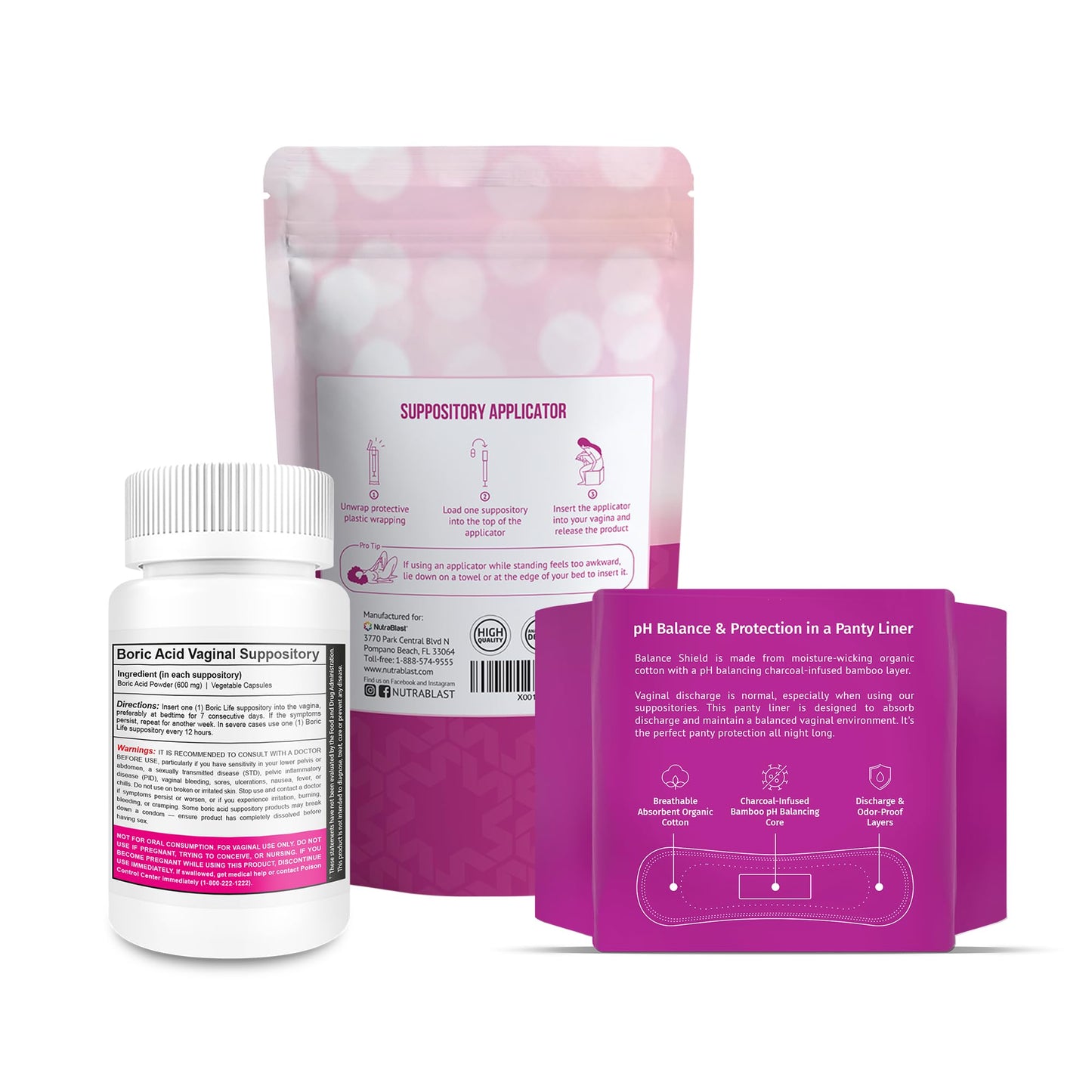 NutraBlast Boric Acid Suppositories 600mg (30 Count) Bundle with Disposable Applicators (15-Pack) and Balance Shield Panty Liners (180mm, 20-Pack) - Maple Wellness Supplements