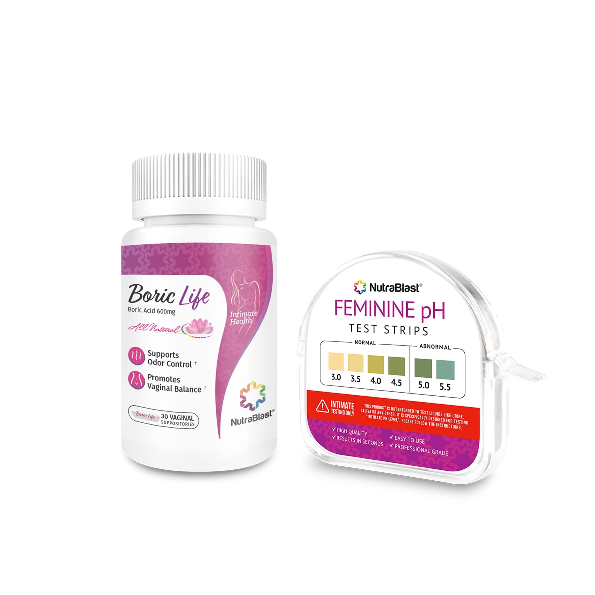 NutraBlast Boric Acid Suppositories 600mg (30 Count) Bundle with Feminine pH Test Strips 3.0-5.5 (100 Tests Roll) | Monitor Intimate Health | Accurate Women’s Acidity & Alkalinity - Maple Wellness Supplements
