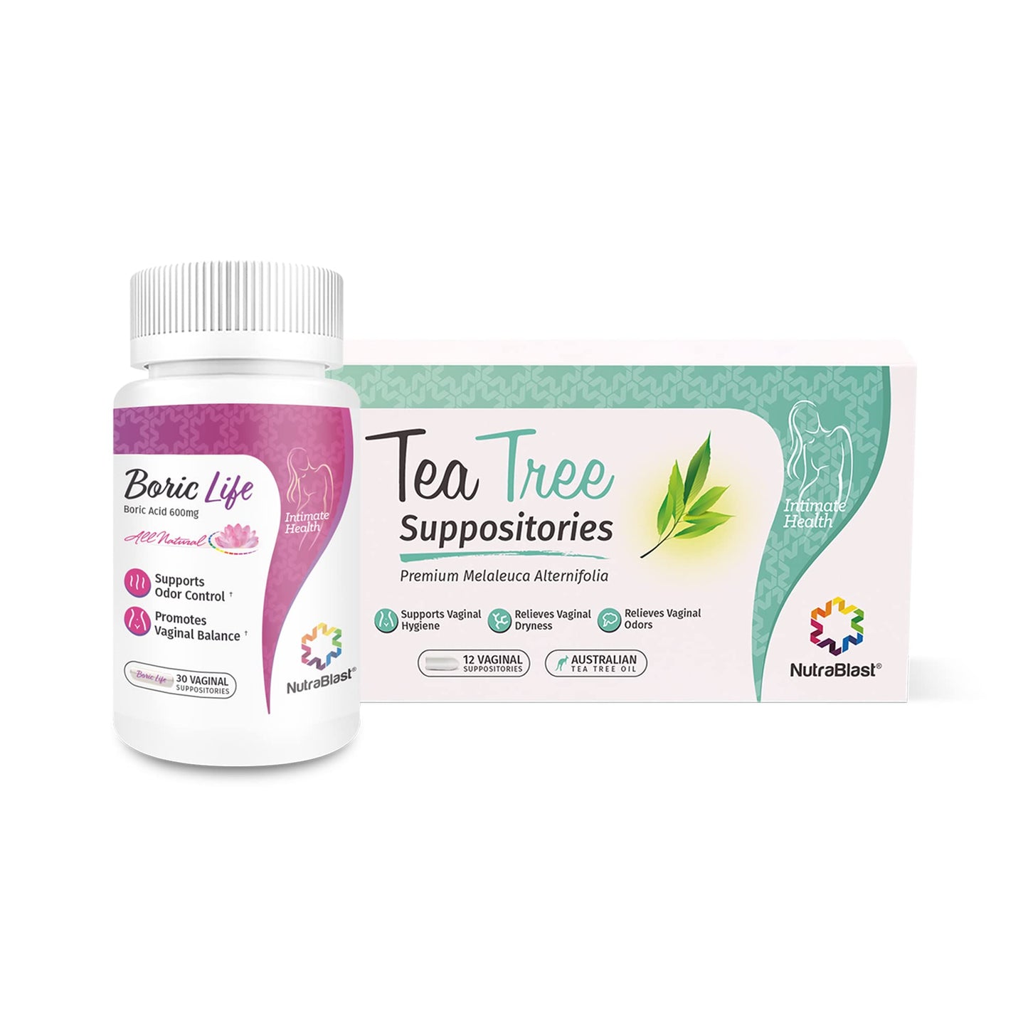 NutraBlast Boric Acid Suppositories 600mg (30 Count) Bundle with Tea Tree Oil Suppositories (12 Count) | All Natural Intimate Deodorant for Women | Restore Feminine pH Balance - Maple Wellness Supplements