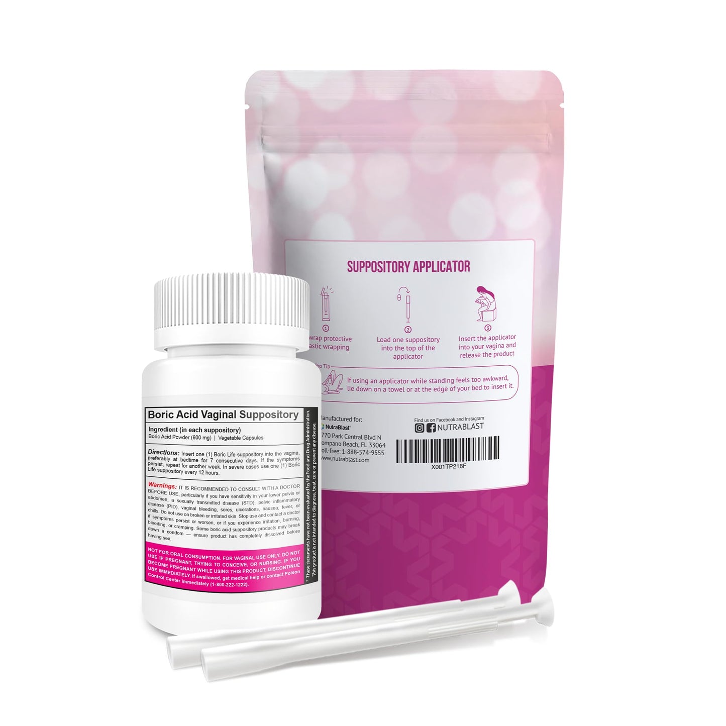 NutraBlast Boric Acid Suppositories 600mg Bundle with Applicator, 30 Suppositories & 15 Applicators - Feminine Care - Made in USA - Maple Wellness Supplements
