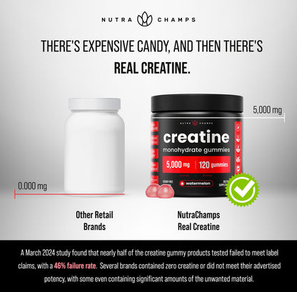 NutraChamps 120 Creatine Gummies for Men & Women - 5g Sugar Free Chewable Creatine Monohydrate Gummies - Supports Protein Synthesis, Muscle Recovery & Workout Performance - Maple Wellness Supplements