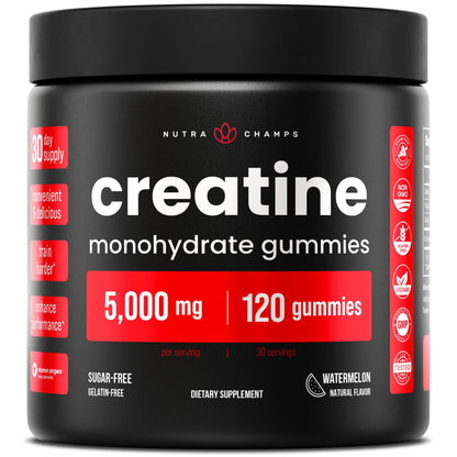 NutraChamps 120 Creatine Gummies for Men & Women - 5g Sugar Free Chewable Creatine Monohydrate Gummies - Supports Protein Synthesis, Muscle Recovery & Workout Performance - Maple Wellness Supplements